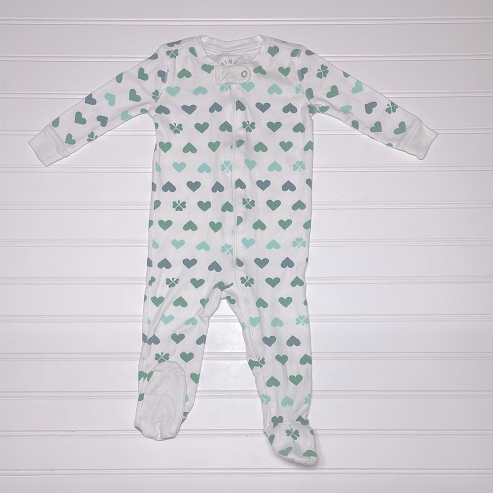 PRIMARY 100% Cotton Green Heart Shamrock Zip Up Footie Pajamas